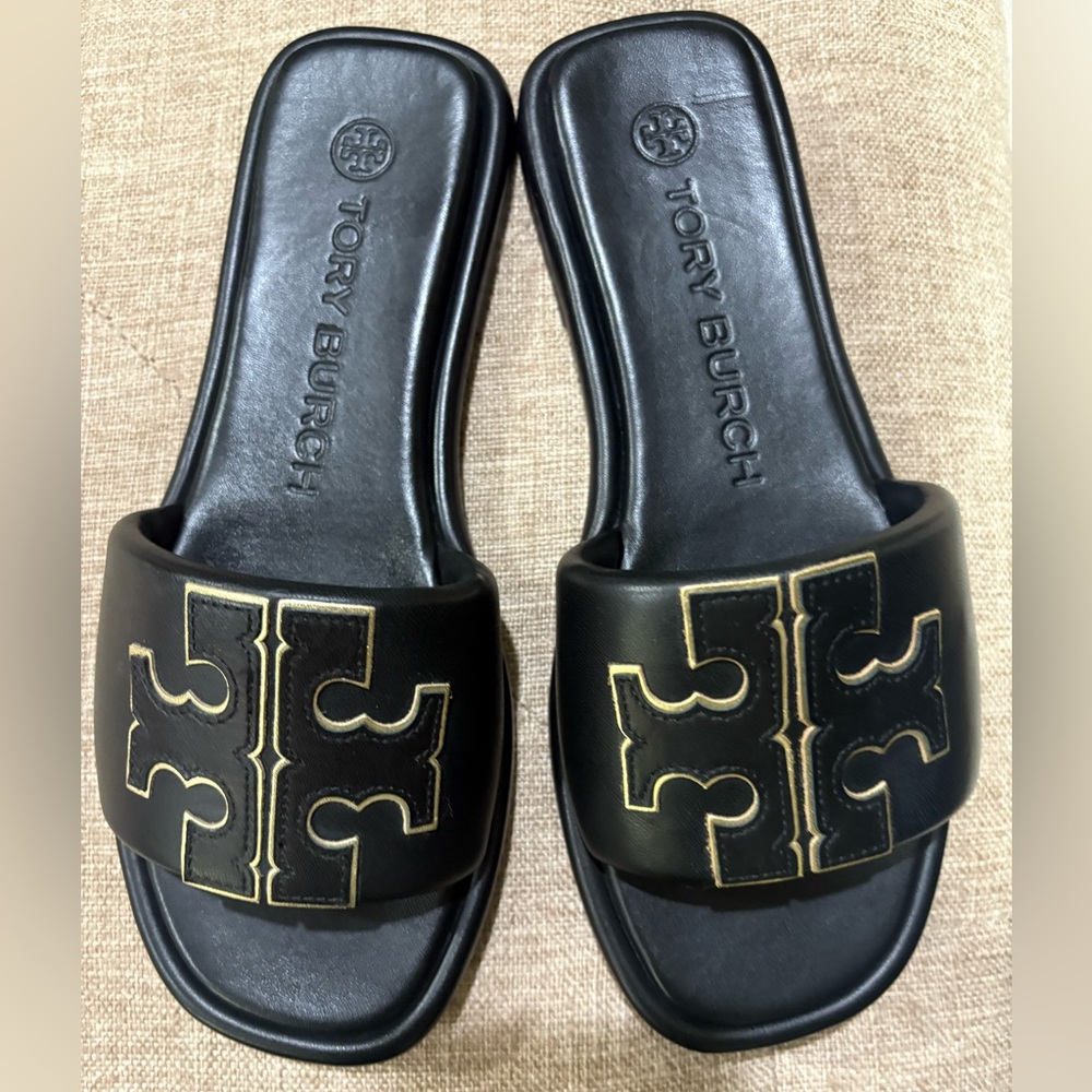 Tory Burch Double T Sport Slides in Black and Gold